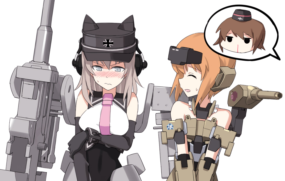 3girls armor artist_request blood blush brown_hair cannon cosplay earphones embarrassed frame_arms_girl girls_und_panzer hat headphones itsumi_erika mecha_musume multiple_girls nishizumi_maho nishizumi_miho nosebleed orange_hair platinum_blonde sweatdrop