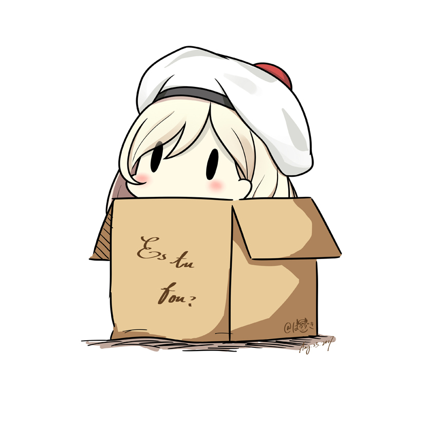 beret blonde_hair box cardboard_box hat hatsuzuki_527 kantai_collection pom_pom_(clothes) richelieu_(kantai_collection) translated