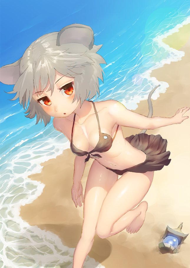 1girl animal_ears bare_arms bare_legs bare_shoulders barefoot beach bikini_skirt bishamonten's_pagoda black_bikini_top breasts cleavage collarbone day front-tie_top grey_hair halter_top halterneck looking_at_viewer mouse_ears mouse_tail nazrin outdoors polpol red_eyes sand short_hair small_breasts solo summer tail touhou water