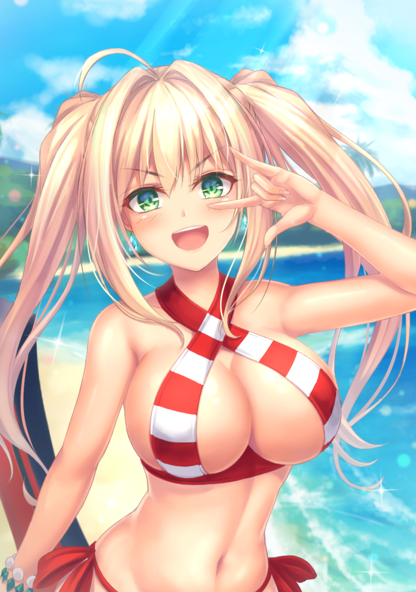 1girl :d ahoge bangs beach bikini blush bracelet breasts cleavage criss-cross_halter eyebrows_visible_through_hair fate/grand_order fate_(series) hair_between_eyes hair_intakes halter_top halterneck jewelry large_breasts light_rays long_hair looking_at_viewer navel nero_claudius_(swimsuit_caster)_(fate) ocean open_mouth red_bikini saber_extra side-tie_bikini smile solo sparkle striped striped_bikini sunbeam sunlight swimsuit teeth tiphereth tsurime twintails upper_body white_bikini