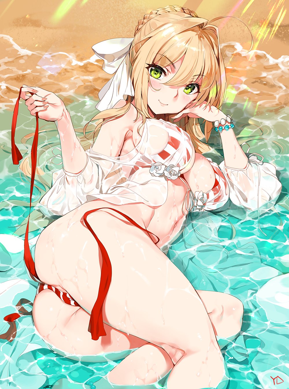 1girl ahoge artist_name ass beach bikini blonde_hair blush bracelet braid breasts closed_mouth eyebrows_visible_through_hair fate/grand_order fate_(series) fingernails front-tie_top green_eyes hair_bun hair_intakes hair_ribbon highres jewelry large_breasts long_hair looking_at_viewer lying navel nero_claudius_(swimsuit_caster)_(fate) on_side partially_submerged ribbon saber_extra side-tie_bikini smile solo striped striped_bikini sunlight swimsuit untied untied_bikini wet yang-do