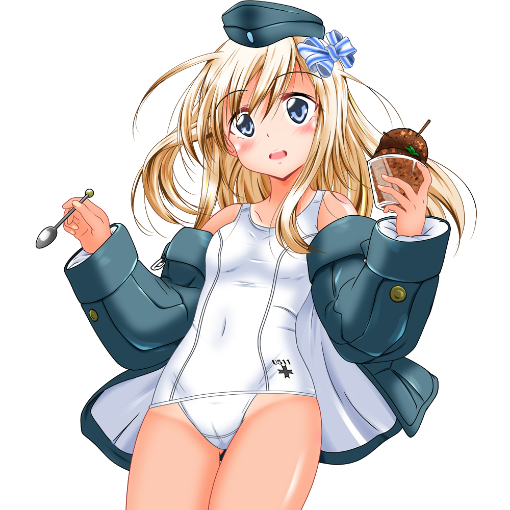 1girl black_jacket blonde_hair blue_eyes bow cowboy_shot food garrison_cap hair_bow hat ice_cream jacket kantai_collection long_hair mikuri_ouda one-piece_tan school_swimsuit simple_background solo spoon striped striped_bow swimsuit tan tanline u-511_(kantai_collection) white_background white_school_swimsuit white_swimsuit