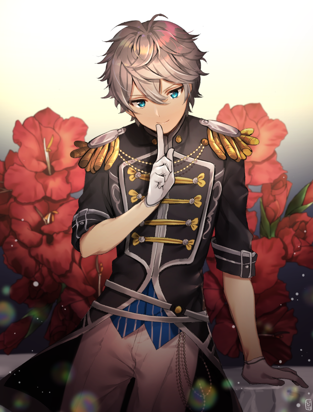 1boy arm_support bangs belt black_background black_jacket blue_eyes buttons closed_mouth double-breasted ensemble_stars! epaulettes finger_to_mouth flower gambe gloves gradient gradient_background grey_hair hair_between_eyes half_gloves highres index_finger_raised jacket light_particles light_smile looking_at_viewer male_focus military military_jacket military_uniform pants red_flower sena_izumi_(ensemble_stars!) short_hair short_sleeves shushing silver_hair sleeves_folded_up smile solo standing striped uniform white_background white_gloves white_pants yellow_background