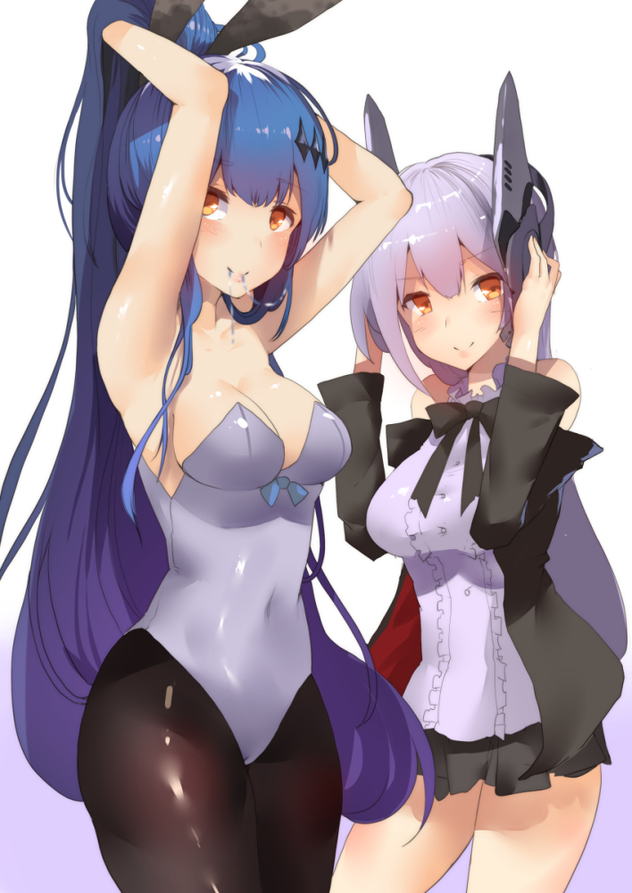 &gt;:) 2girls arms_up bare_shoulders black_bow black_legwear black_skirt blue_hair blush bow brown_eyes center_frills closed_eyes closed_mouth collarbone commentary_request covered_navel cowboy_shot detached_sleeves five-seven_(girls_frontline) girls_frontline hair_between_eyes hair_ornament hand_behind_head hand_in_hair head_tilt headgear high_ponytail lavender_hair long_hair long_sleeves looking_at_viewer mouth_hold multiple_girls pantyhose pleated_skirt purple_legwear shirt skirt sleeveless sleeveless_shirt tar-21_(girls_frontline) very_long_hair white_background white_shirt yueqin_(monnpiano)