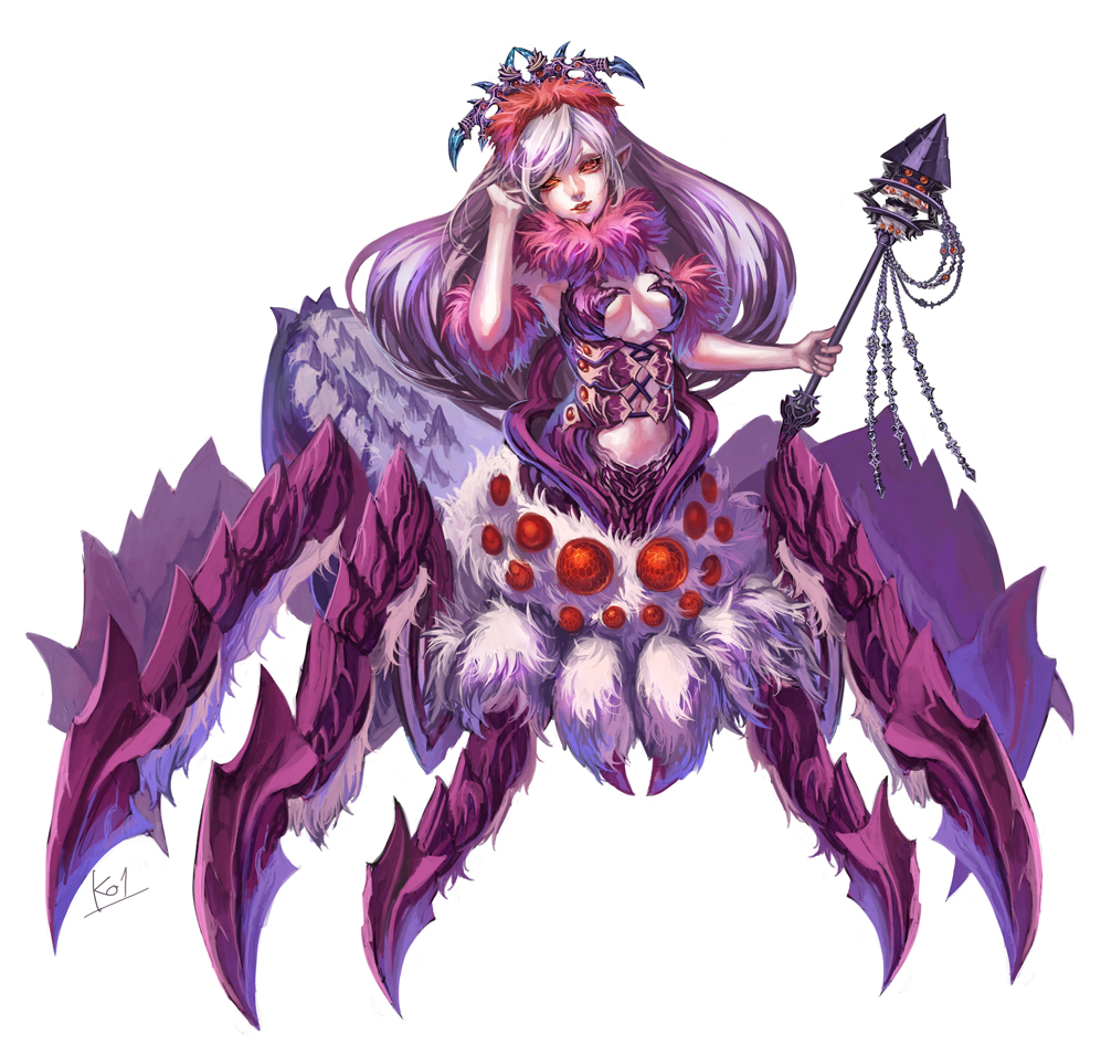 1girl arachne breasts cleavage extra_eyes fantasy insect_girl long_hair looking_at_viewer midriff original pointy_ears purple_hair red_eyes solo spider spider_girl standing witch zeroshiki_kouichi