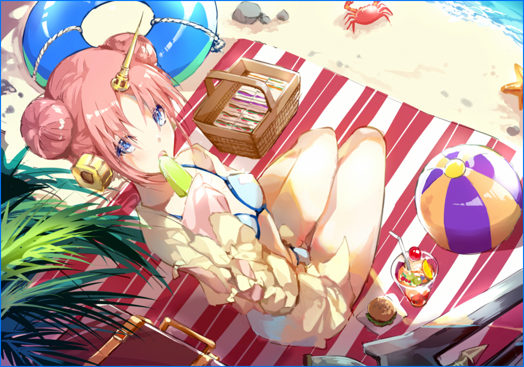 1girl ball bangs basket beach beach_towel beachball berserker_of_black bikini bikini_under_clothes blue_bikini blue_eyes blue_swimsuit breasts cocktail cocktail_glass crab cup day double_bun drinking_glass fate/apocrypha fate/grand_order fate_(series) food frankenstein's_monster_(swimsuit_saber)_(fate) hair_ornament hamburger holding horn ice_cream innertube jacket kinokohime long_sleeves looking_at_viewer open_clothes open_jacket open_mouth outdoors palm_tree parted_bangs pink_hair popsicle sand short_hair single_detached_sleeve sitting sleeves_past_wrists small_breasts solo suitcase swimsuit sword towel tree water weapon yellow_jacket yokozuwari