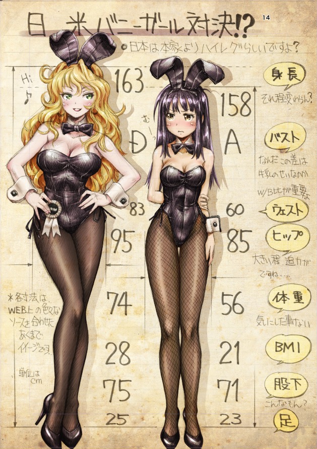 2girls animal_ears arms_behind_back black_bow black_bowtie black_eyes black_hair black_leotard blonde_hair bow bowtie breast_envy breasts bunny_girl bunny_tail bunnysuit cleavage detached_collar fishnet_pantyhose fishnets full_body green_eyes leotard maguta multiple_girls original pantyhose rabbit_ears standing stats strapless strapless_leotard tail translation_request wrist_cuffs