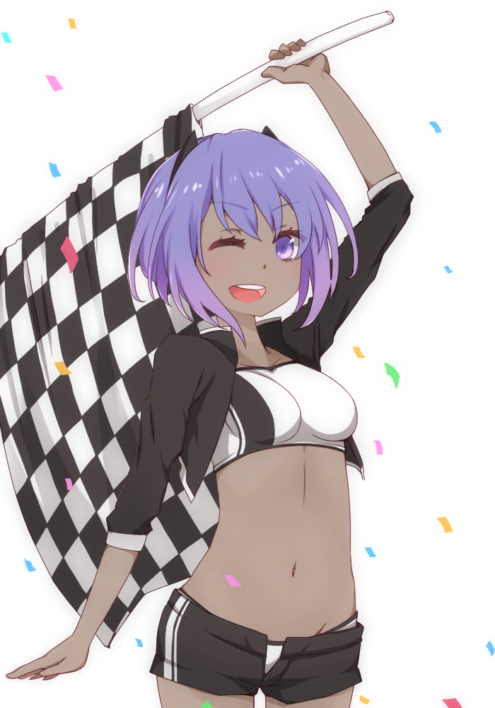 1girl assassin_(fate/prototype_fragments) breasts checkered checkered_flag dark_skin fate/grand_order fate/prototype fate/prototype:_fragments_of_blue_and_silver fate_(series) hairband i.u.y looking_at_viewer medium_breasts navel one_eye_closed purple_hair racequeen short_hair smile solo violet_eyes