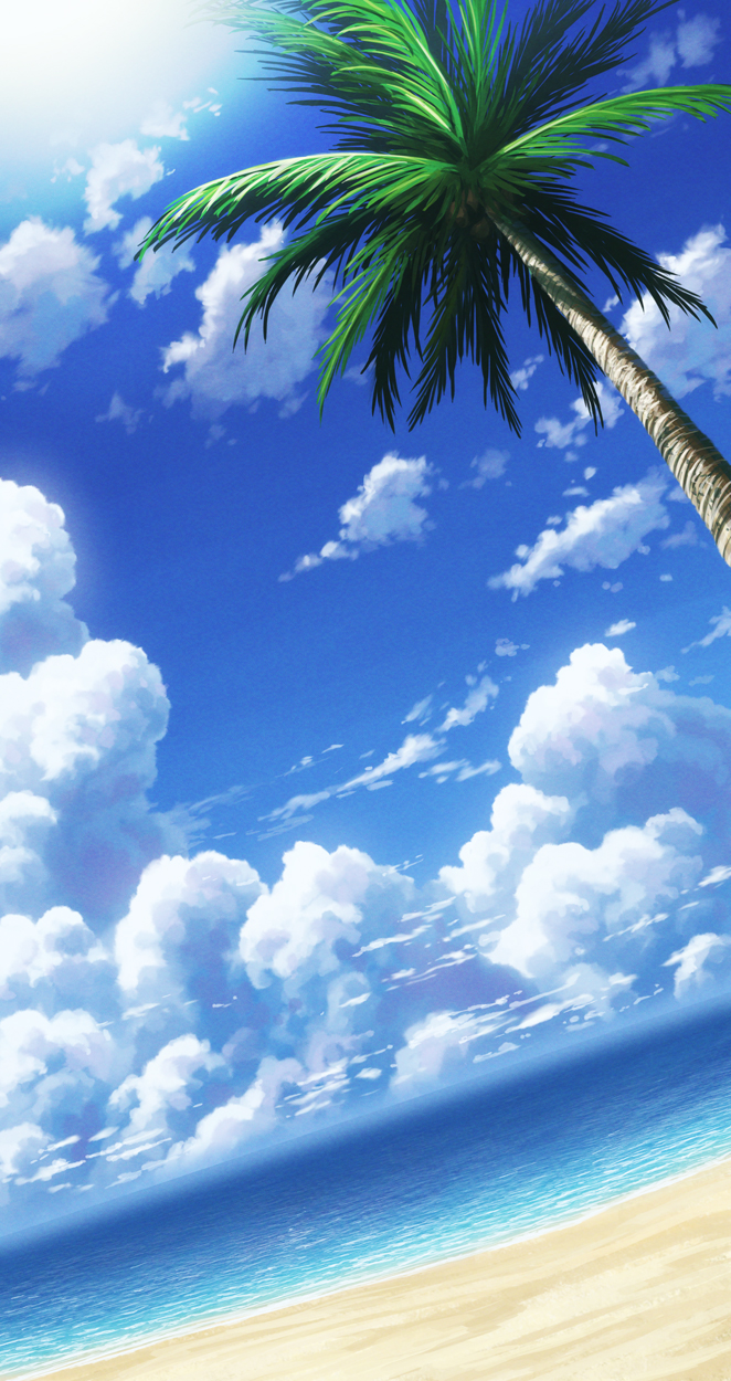 aoha_(twintail) beach blue_sky clouds cloudy_sky coconut_tree day dutch_angle highres horizon no_humans ocean outdoors palm_tree sand scenery shore sky tree