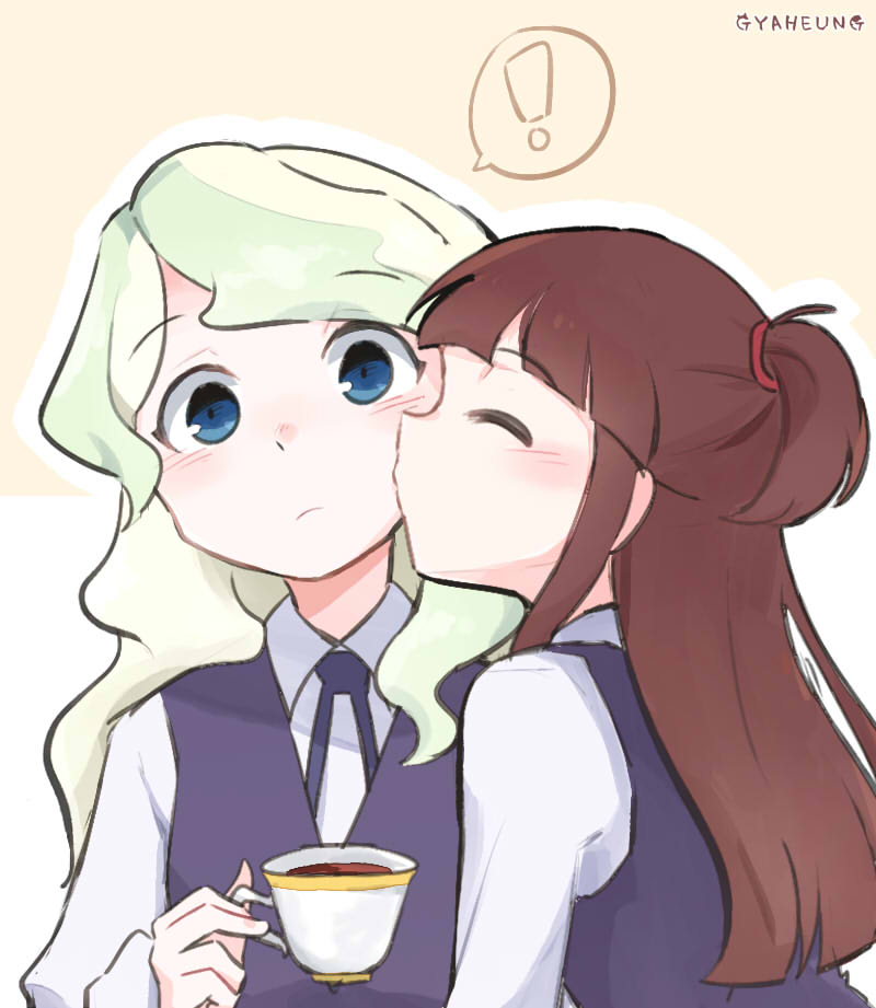 blue_eyes brown_hair cup diana_cavendish green_hair gyaheung kagari_atsuko little_witch_academia tea teacup yuri