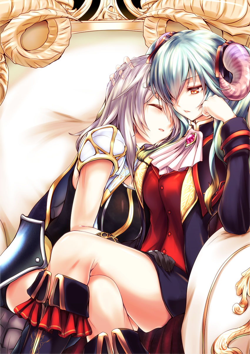 2girls aqua_hair black_gloves boots brooch closed_eyes commentary cravat gem gloves grey_hair hair_over_one_eye hand_on_another's_head hand_on_another's_thigh highres horns jewelry knee_boots lapis_(sennen_sensou_aigis) legs_crossed long_hair lucia_(sennen_sensou_aigis) multiple_girls orange_eyes sennen_sensou_aigis silve sitting throne