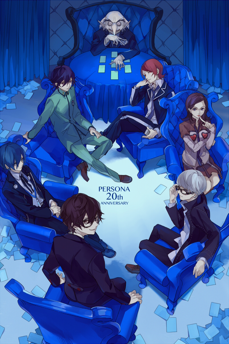 1girl 6+boys amano_maya anniversary black_hair blue_hair card glasses grey_hair highres igor kurusu_akira multiple_boys narukami_yuu persona persona_1 persona_2 persona_3 persona_4 persona_5 redhead school_uniform shrie suou_tatsuya toudou_naoya velvet_room yuuki_makoto