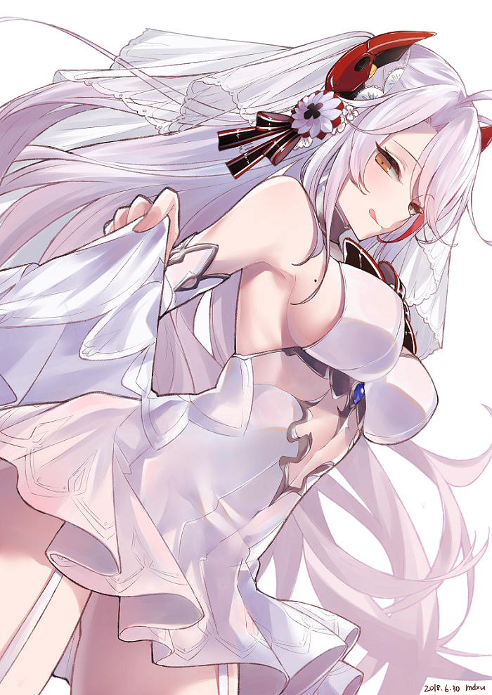 1girl :q alternate_costume antenna_hair armpit_peek azur_lane bangs bare_shoulders blush breasts bridal_gauntlets bridal_veil brown_eyes collarbone dated dress dress_lift eyebrows_visible_through_hair flower garter_straps gloves hair_ornament half-closed_eyes headgear jewelry large_breasts lifted_by_self long_hair looking_at_viewer mimelond mole mole_on_breast multicolored_hair nail_polish no_bra parted_lips pink_lips pink_nails prinz_eugen_(azur_lane) ring rose see-through sideboob signature silver_hair simple_background skirt skirt_lift solo thigh-highs thighs tongue tongue_out two_side_up veil very_long_hair wedding_band wedding_dress white_background white_dress white_flower white_footwear white_gloves white_hair white_legwear white_rose