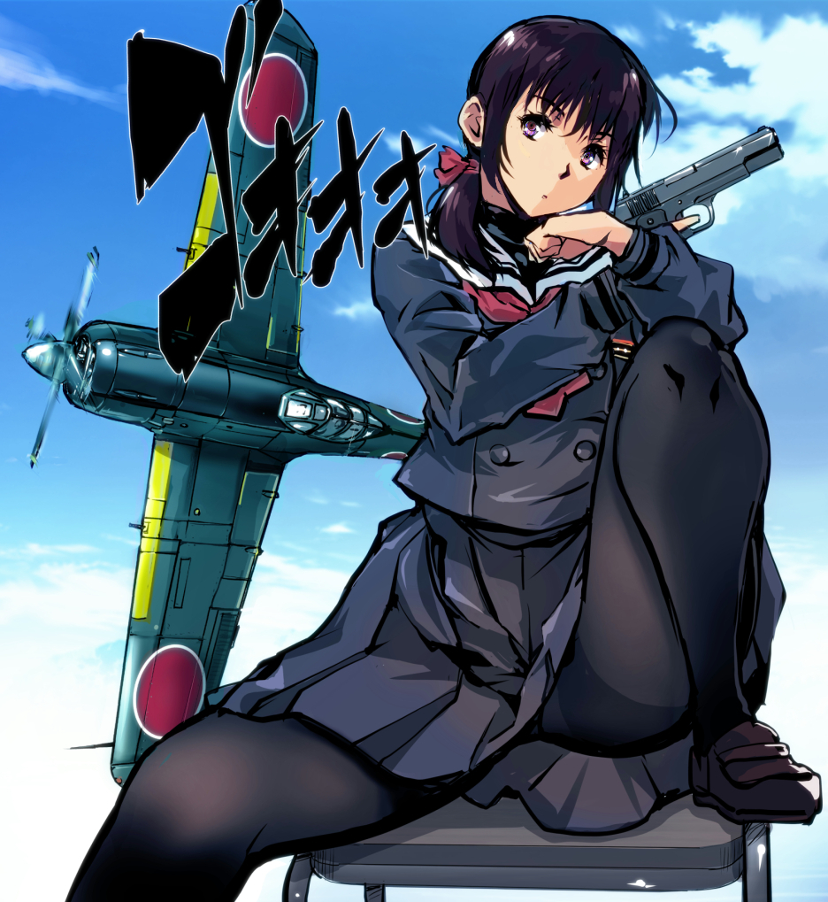 1girl aircraft airplane bangs black_legwear blue_jacket blue_skirt brown_hair chair commentary_request hair_ornament jacket kamisimo_90 knee_up looking_at_viewer medium_hair original pantyhose red_neckwear sailor_collar shirt shoes sitting skirt solo twintails twintails_nurse_(kamisimo_90) violet_eyes