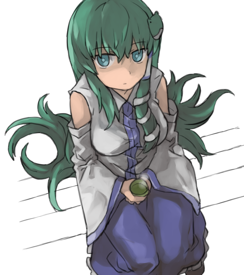 1girl aqua_eyes aqua_pupils bangs blue_skirt breasts cup detached_sleeves expressionless frilled_skirt frills frog_hair_ornament green_hair hair_ornament holding holding_cup knees_together_feet_apart kochiya_sanae long_hair long_skirt looking_at_viewer okbnkn shaded_face sidelocks simple_background skirt snake_hair_ornament solo steam tea touhou very_long_hair white_background wide_sleeves