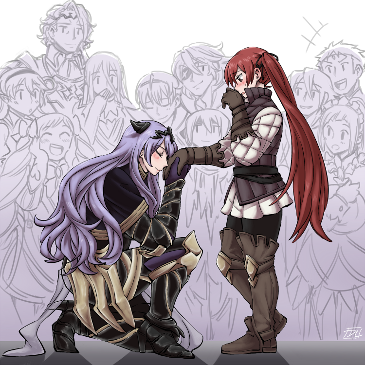 2girls armor bangs blush boots camilla_(fire_emblem_if) closed_eyes dl eyebrows_visible_through_hair fire_emblem fire_emblem_if from_side gloves hand_holding knee_boots kneeling leather leather_gloves long_hair long_sleeves looking_at_another looking_down luna_(fire_emblem_if) multiple_girls one_knee profile purple_hair redhead smile smlc standing twintails very_long_hair