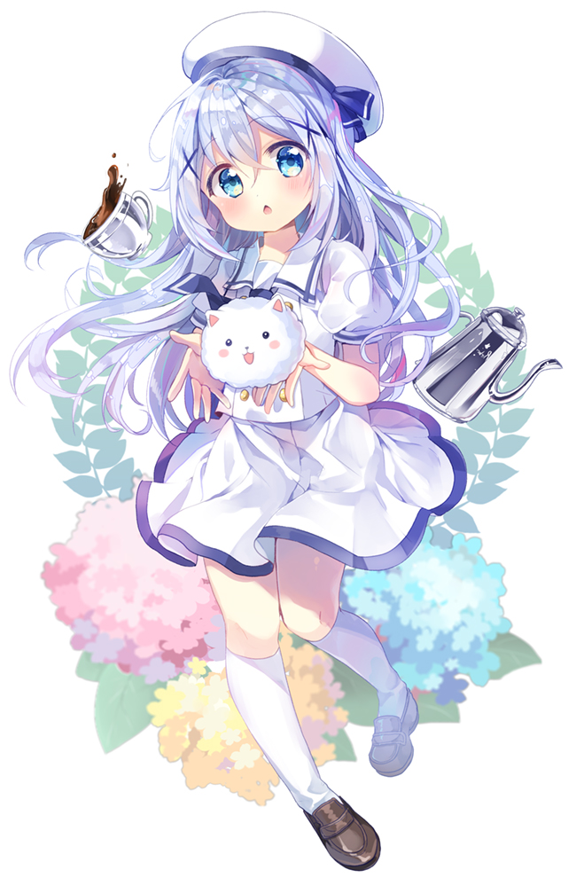 1girl blue_eyes blue_hair blush chocho_(homelessfox) cup eyebrows_visible_through_hair full_body gochuumon_wa_usagi_desu_ka? hat kafuu_chino kettle kneehighs looking_at_viewer parted_lips tea teacup tippy_(gochiusa) white_hat white_legwear