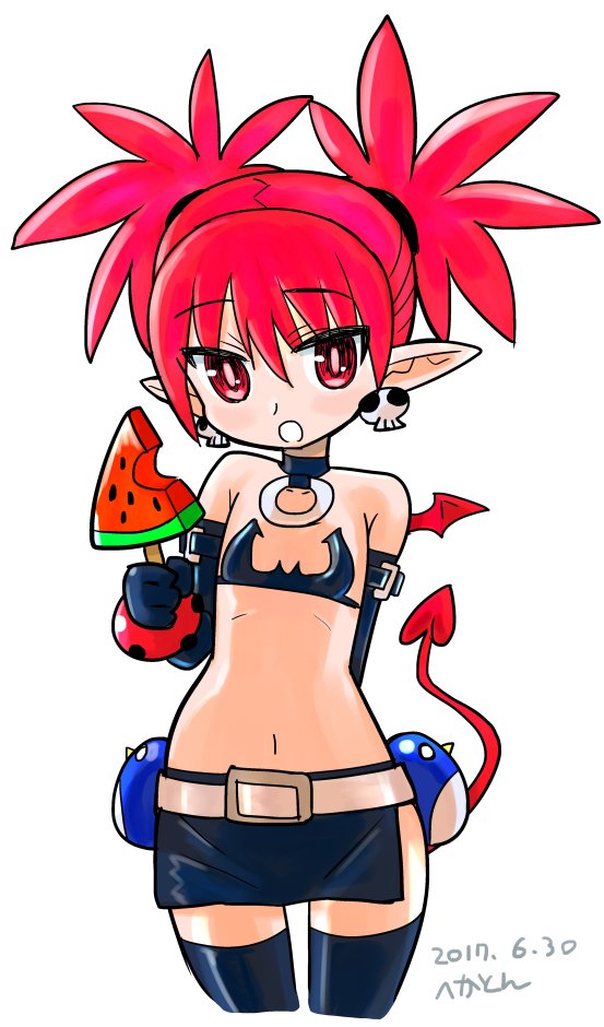 1girl artist_signature bat_wings belt bikini_top bracelet choker commentary cowboy_shot dated demon_girl demon_tail disgaea earrings elbow_gloves etna eyebrows_visible_through_hair flat_chest food gloves hekaton jewelry makai_senki_disgaea mini_wings miniskirt navel pointy_ears popsicle prinny red_eyes redhead skirt skull_earrings solo tail thigh-highs twintails watermelon_bar wings