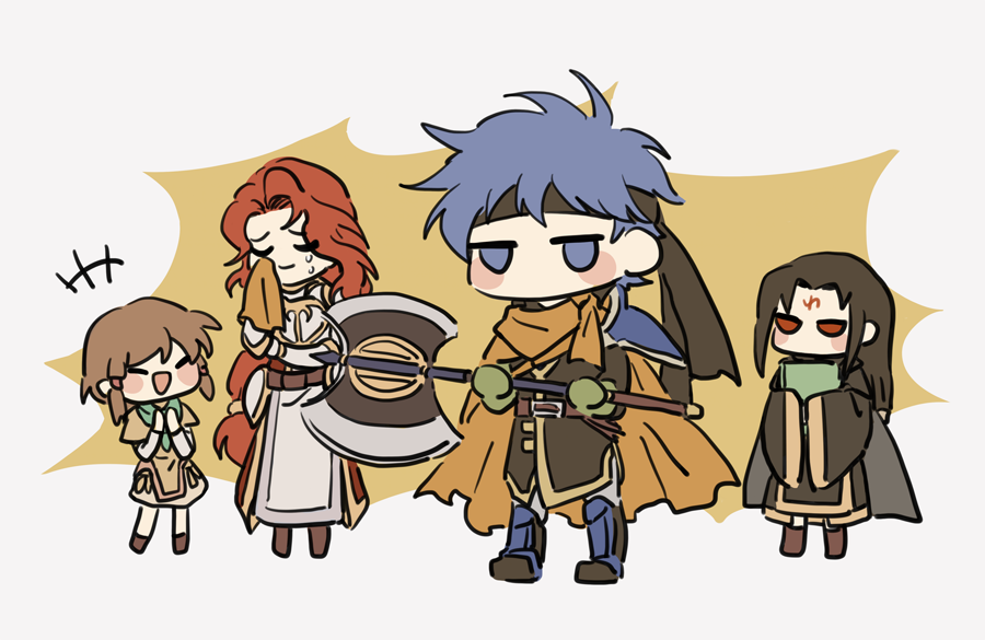 2boys 2girls axe black_hair blue_eyes blue_hair blush book braid brother_and_sister brown_hair cape facial_mark fire_emblem fire_emblem:_souen_no_kiseki fire_emblem_heroes gloves hair_tubes headband ike long_hair male_focus mist_(fire_emblem) multiple_boys multiple_girls open_mouth red_eyes scarf short_hair siblings skirt smile soren staff weapon