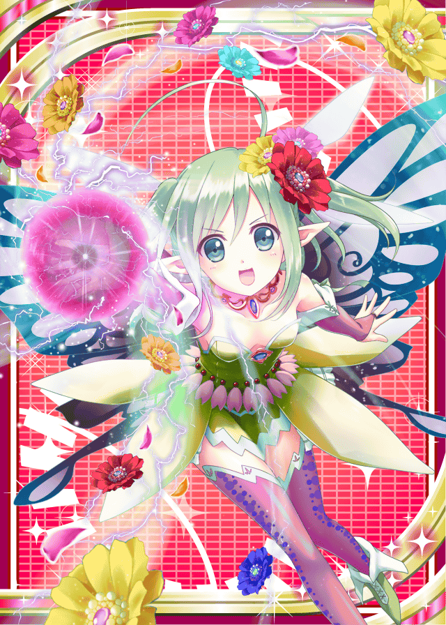 1girl akkijin butterfly butterfly_wings card_(medium) dress fairy fairy_wings flower green_dress green_eyes green_hair hair_flower hair_ornament open_mouth orb pixie_servant_(shinkai_no_valkyrie) pointy_ears shinkai_no_valkyrie wings