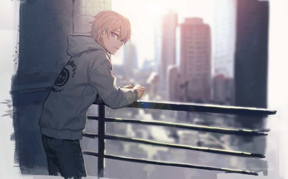 1boy 8c city cityscape eyebrows_visible_through_hair grey_hair hood hoodie leaning_forward long_sleeves looking_at_viewer original parted_lips railing short_hair solo violet_eyes