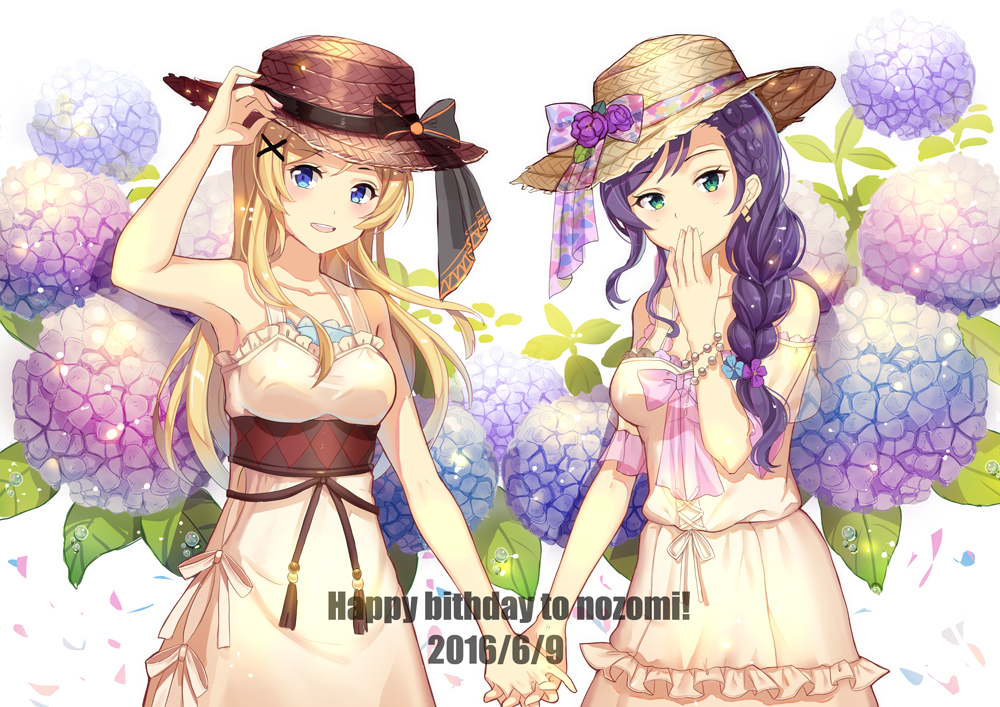 2016 2girls :d armpits ayase_eli black_ribbon blonde_hair blue_eyes blue_flower blush bracelet braid brown_hat collarbone covering_mouth dated dress duzie_e earrings floating_hair flower green_eyes hair_flower hair_ornament hand_holding hand_over_own_mouth happy_birthday hat hat_ribbon head_tilt hydrangea interlocked_fingers jewelry long_hair love_live! love_live!_school_idol_project multiple_girls open_mouth purple_flower purple_hair ribbon signature single_braid sleeveless sleeveless_dress smile sun_hat sundress toujou_nozomi white_background white_dress yellow_hat