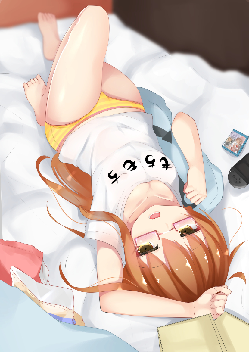 1girl arm_up bag_of_chips bangs bare_legs barefoot bed_sheet blurry blush brown_hair clothes_writing collarbone colored_stripes commentary_request depth_of_field eyebrows_visible_through_hair foreshortening from_behind glasses handheld_game_console jitome kantai_collection knee_up long_hair looking_at_viewer lying mochizuki_(kantai_collection) ne_an_ito no_pants on_back on_bed open_mouth panties playstation_vita red-framed_eyewear semi-rimless_glasses shirt short_sleeves solo striped striped_panties under-rim_glasses underwear upside-down white_shirt yellow_eyes