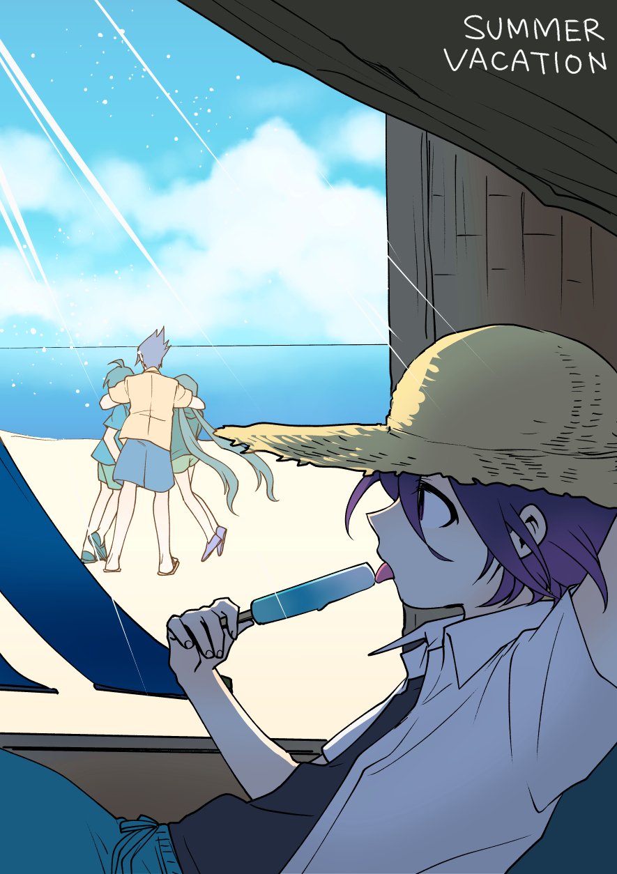 ahoge beach beard black_hair dangan_ronpa facial_hair food hamadaichi harukawa_maki hat highres long_hair low_twintails male_swimwear momota_kaito multiple_boys new_dangan_ronpa_v3 ocean ouma_kokichi popsicle purple_hair saihara_shuuichi sand sandals_barefoot shirt short_hair short_shorts shorts spiky_hair straw_hat summer swim_trunks swimsuit swimwear t-shirt twintails