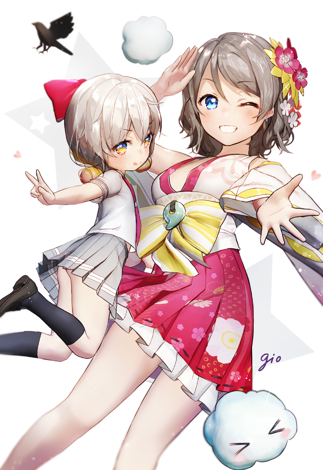 2girls alternate_costume artist_name blue_eyes blush character_request closed_mouth eyebrows_visible_through_hair gio_(maroon0924) grey_hair heart looking_at_viewer love_live! love_live!_sunshine!! multiple_girls one_eye_closed orange_eyes parted_lips saitou_shuka short_hair signature smile teeth tongue tongue_out uchi_no_hime-sama_ga_ichiban_kawaii watanabe_you white_hair