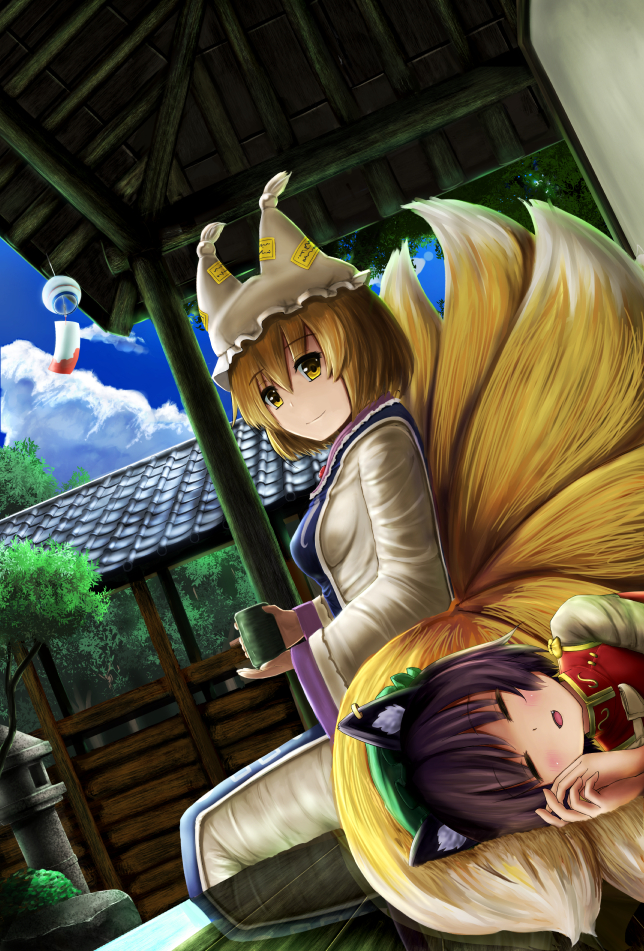 2girls animal_ears blonde_hair blue_sky brown_hair cat_ears chen closed_eyes clouds day dress dutch_angle facing_viewer fang fox_tail hands_together hat hat_with_ears looking_at_viewer luke_(kyeftss) lying_on_person mob_cap multiple_girls multiple_tails ofuda outdoors overhang parted_lips person_on_tail reflection rock short_hair sitting sky sleeping smile stone_lantern tabard tail tassel touhou tree_branch veranda white_dress wind_chime yakumo_ran yellow_eyes