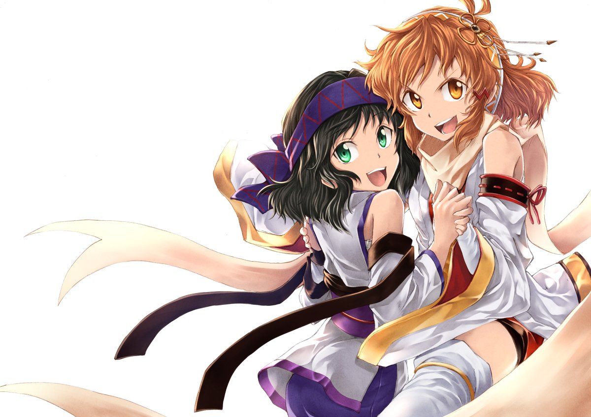 2girls :d alternate_costume arm_grab bare_shoulders black_hair brown_hair detached_sleeves female friends green_eyes hand_holding happy headband highres japanese_clothes judo_fuu kohinata_miku looking_at_viewer looking_back multiple_girls mutual_yuri open_mouth orange_eyes round_teeth scarf senki_zesshou_symphogear short_hair smile tachibana_hibiki_(symphogear) teeth white_background wide_sleeves yellow_eyes yuri