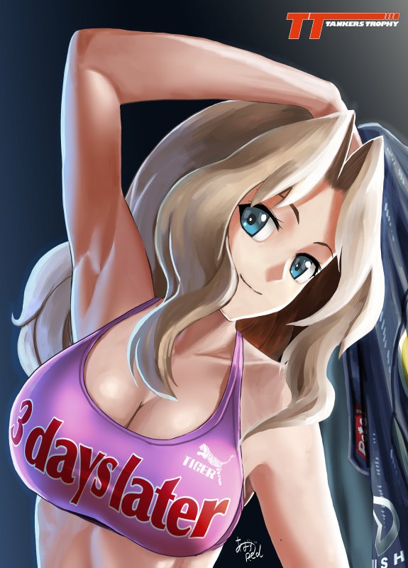 1girl abazu-red arm_up artist_name blonde_hair blue_eyes breasts cleavage closed_mouth english girls_und_panzer head_tilt holding holding_jacket kay_(girls_und_panzer) large_breasts light_smile logo long_hair looking_at_viewer purple_shirt shirt signature solo sports_bra upper_body