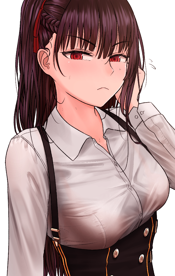 &gt;:( 1girl adjusting_hair bangs black_skirt blush braid breasts check_commentary closed_mouth collared_shirt commentary_request dress_shirt expressionless eyebrows_visible_through_hair flying_sweatdrops girls_frontline hand_in_hair high-waist_skirt long_hair long_sleeves looking_at_viewer medium_breasts ponytail purple_hair red_eyes shirt simple_background skirt solo suspender_skirt suspenders sweat testame tsurime upper_body wa2000_(girls_frontline) white_background white_shirt wing_collar