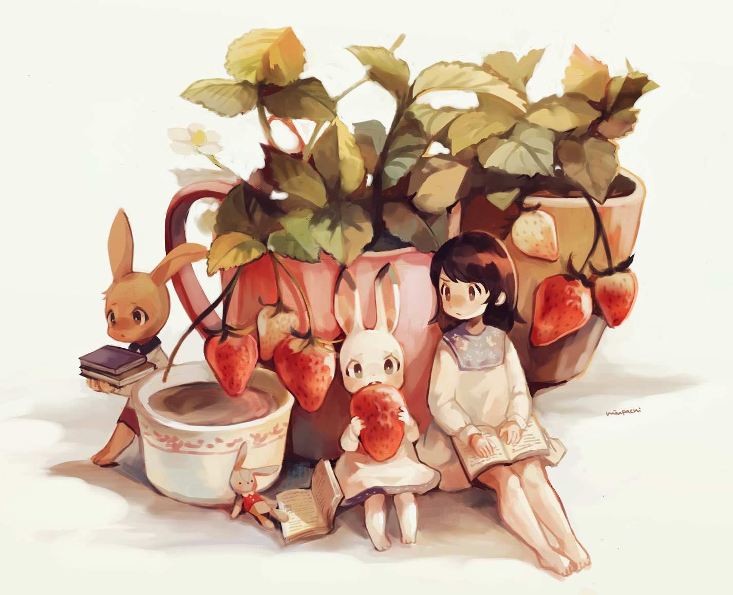 1girl artist_name black_hair book coffee commentary flower_pot food fruit holding holding_book long_sleeves minigirl miu_pachi open_book original plant potted_plant rabbit short_hair simple_background sitting solo strawberry white_background white_flower