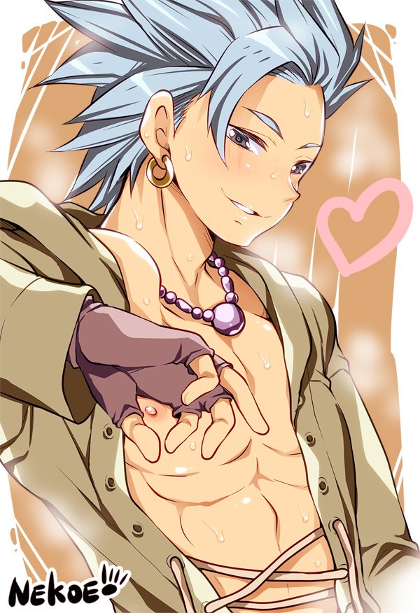 1boy artist_name black_gloves blue_hair camus_(dq11) dragon_quest_xi fingerless_gloves gloves heart looking_at_viewer male_focus nipples parted_lips sakuraprin smile solo spiky_hair upper_body