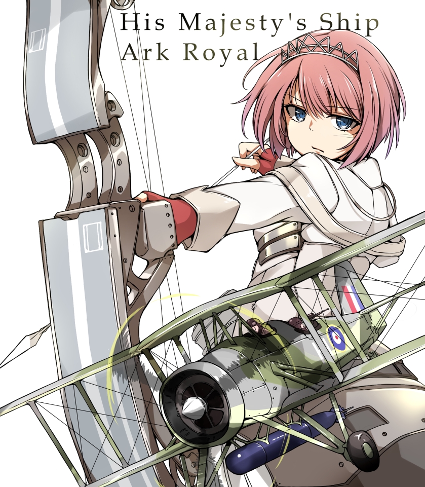 1girl ark_royal_(kantai_collection) arrow blue_eyes bow_(weapon) character_name corset english fingerless_gloves gloves hairband kantai_collection long_sleeves okutama_tarou red_gloves redhead serious short_hair simple_background solo swordfish_(airplane) tiara weapon white_background white_corset