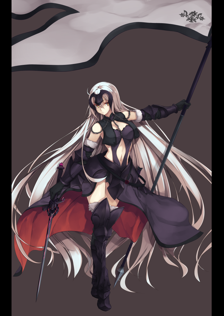 1girl ahoge armor armored_boots bangs black_gloves blonde_hair boots breasts chains cleavage cleavage_cutout dress fate/grand_order fate_(series) flag flagpole full_body fur_trim gloves grey_background hair_between_eyes headpiece holding holding_sword holding_weapon jeanne_alter karakura long_hair looking_at_viewer medium_breasts navel navel_cutout pillarboxed polearm ruler_(fate/apocrypha) simple_background solo standing sword vambraces very_long_hair weapon yellow_eyes