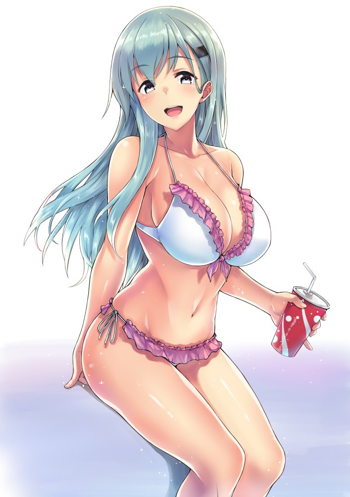 1girl aqua_hair arm_support bikini blush breasts collarbone cup drinking_straw eyebrows_visible_through_hair frilled_bikini frills gradient gradient_background green_eyes hair_ornament hairclip holding holding_cup kantai_collection large_breasts long_hair looking_at_viewer navel open_mouth panties pink_bikini_bottom saemon_(tonpura) side-tie_panties simple_background sitting soft_drink solo suzuya_(kantai_collection) swimsuit underwear upper_body wet white_background white_bikini_top