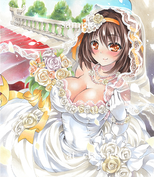 1girl artist_name at_classics bangs bare_shoulders blush bouquet breasts bridal_veil brown_eyes brown_hair cleavage closed_mouth dress elbow_gloves eyebrows_visible_through_hair flower gloves hair_between_eyes hair_flower hair_ornament hairband jewelry large_breasts looking_at_viewer necklace pearl_necklace rose sample short_hair smile solo stairs suzumiya_haruhi suzumiya_haruhi_no_yuuutsu traditional_media veil watermark wedding_dress white_gloves