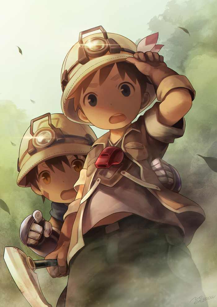 2boys black_hair blue_eyes brown_hair character_request facial_mark gloves helmet looking_at_viewer made_in_abyss mechanical_arms multiple_boys noeyebrow_(mauve) open_mouth pickaxe pointing regu_(made_in_abyss) short_hair slit_pupils sweat thick_eyebrows whistle yellow_eyes