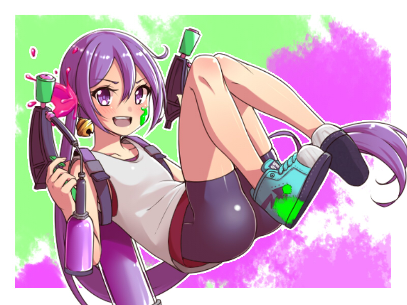 &gt;:d 1girl :d akebono_(kantai_collection) alternate_costume bell bike_shorts hair_bell hair_ornament kantai_collection long_hair open_mouth paint paint_on_clothes paint_on_face parody purple_hair shoes side_ponytail smile solo splat_dualies_(splatoon) splatoon splatoon_2 tank_top very_long_hair violet_eyes yuki_to_hana