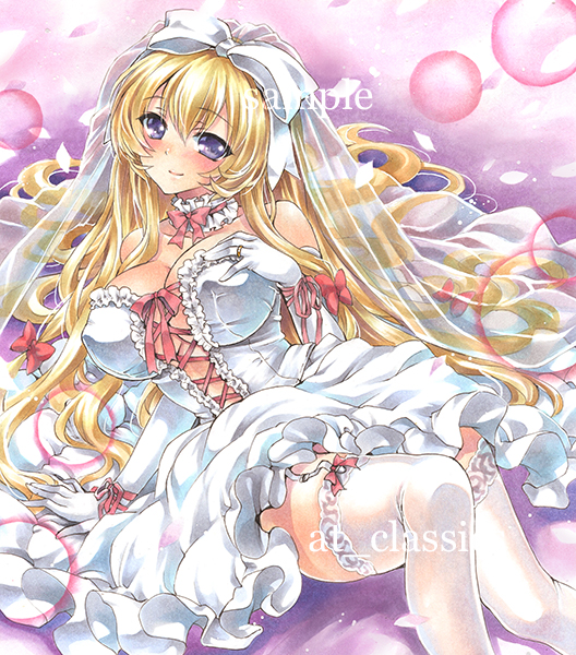 1girl artist_name at_classics bangs bare_shoulders blonde_hair blush bow bowtie breasts bridal_veil cleavage closed_mouth dress elbow_gloves erect_nipples eyebrows_visible_through_hair garter_straps gloves hair_between_eyes hair_bow hand_on_own_chest large_breasts long_hair looking_at_viewer red_bow red_bowtie sample sidelocks sitting smile solo thigh-highs touhou traditional_media veil very_long_hair violet_eyes watermark wedding_dress white_bow white_gloves white_legwear yakumo_yukari