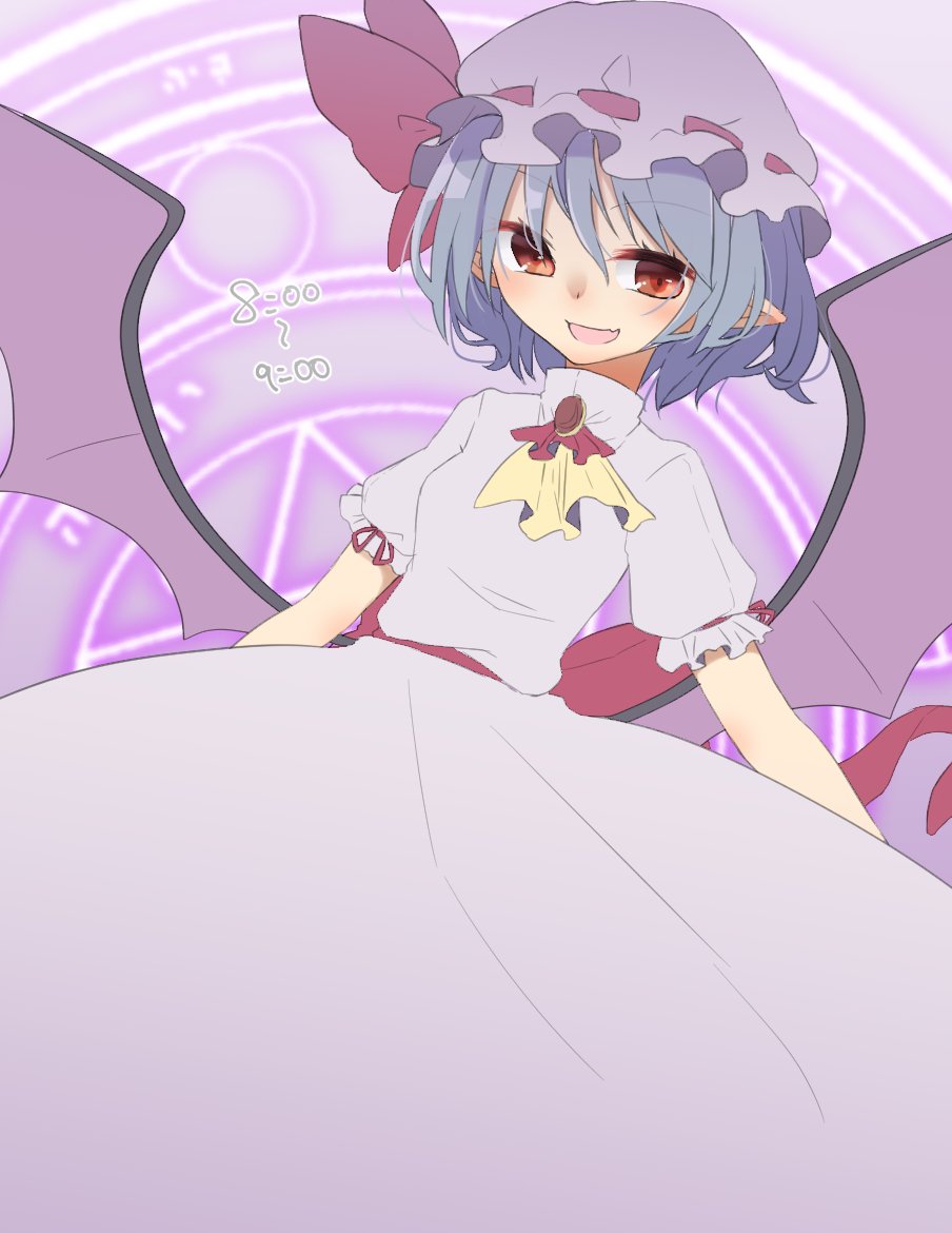 1girl :d abe_suke ascot bangs bat_wings bow brown_eyes dress eyebrows_visible_through_hair grey_hair hair_between_eyes hat hat_bow looking_at_viewer mob_cap open_mouth pointy_ears red_bow remilia_scarlet short_sleeves smile solo touhou wings