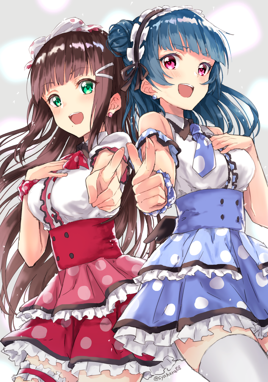 2girls :d ascot bangs black_hair blue_bow blue_bowtie blue_hair blue_scrunchie blue_skirt blunt_bangs bow bowtie commentary_request detached_sleeves earrings frilled_skirt frilled_sleeves frills green_eyes hair_bow hair_ornament hairband hairpin hand_on_own_chest highres jewelry kurosawa_dia layered_skirt lolita_hairband long_hair looking_at_viewer love_live! love_live!_sunshine!! multiple_girls omoi_yo_hitotsu_ni_nare open_mouth pink_scrunchie pointing pointing_at_viewer polka_dot polka_dot_bow polka_dot_bowtie polka_dot_scrunchie polka_dot_skirt red_ascot red_skirt sahara_(charlotte) scrunchie short_sleeves side_bun skirt smile thigh-highs thigh_strap tsushima_yoshiko twitter_username violet_eyes white_legwear wrist_scrunchie