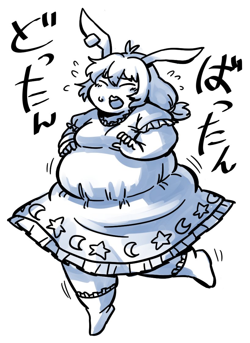 1girl animal_ears big_belly breasts commentary dress fat jewelry long_hair low_twintails medium_breasts messy_hair monochrome nazotyu obese rabbit_ears seiran_(touhou) single_earring sketch socks solo touhou twintails weight_gain