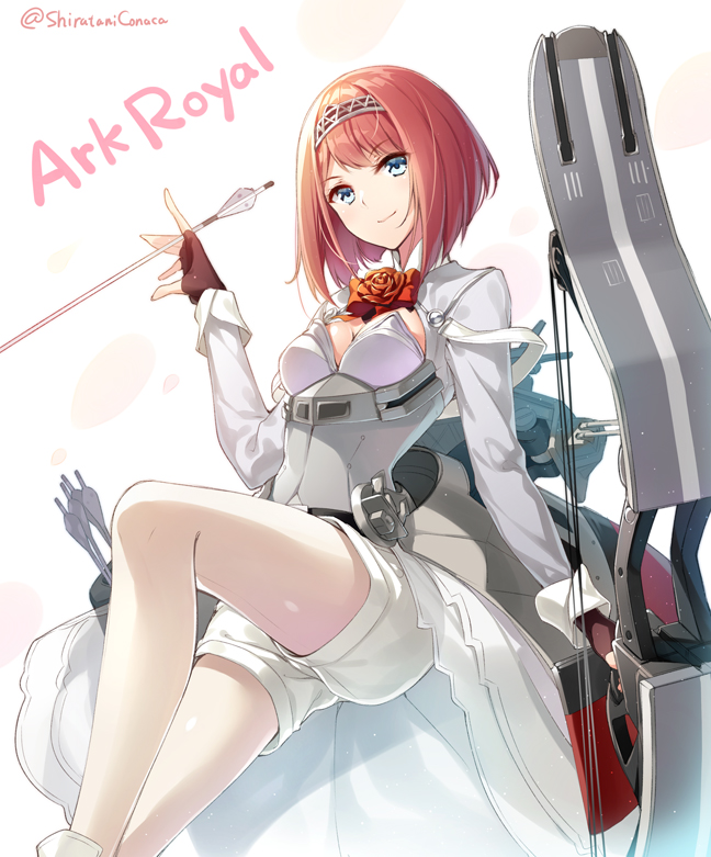 1girl ark_royal_(kantai_collection) blue_eyes bob_cut bow_(weapon) brown_gloves character_name commentary_request compound_bow corset fingerless_gloves gloves holding holding_arrow holding_bow_(weapon) holding_weapon huyukaaki jacket kantai_collection long_sleeves pantyhose redhead rigging short_hair shorts solo tiara weapon white_jacket white_legwear white_shorts