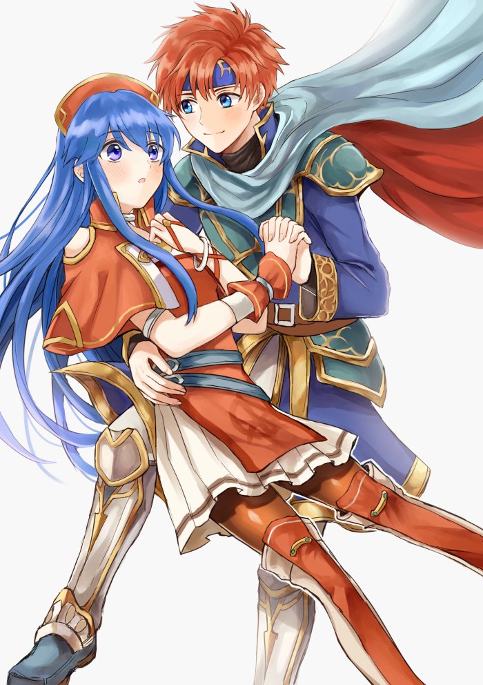 1boy 1girl armor blue_eyes blue_hair blush cape couple dress eliwood_(fire_emblem) fire_emblem fire_emblem:_fuuin_no_tsurugi fire_emblem:_rekka_no_ken fire_emblem_heroes gloves hat hetero lilina long_hair redhead roy_(fire_emblem) short_hair simple_background smile white_background wspread