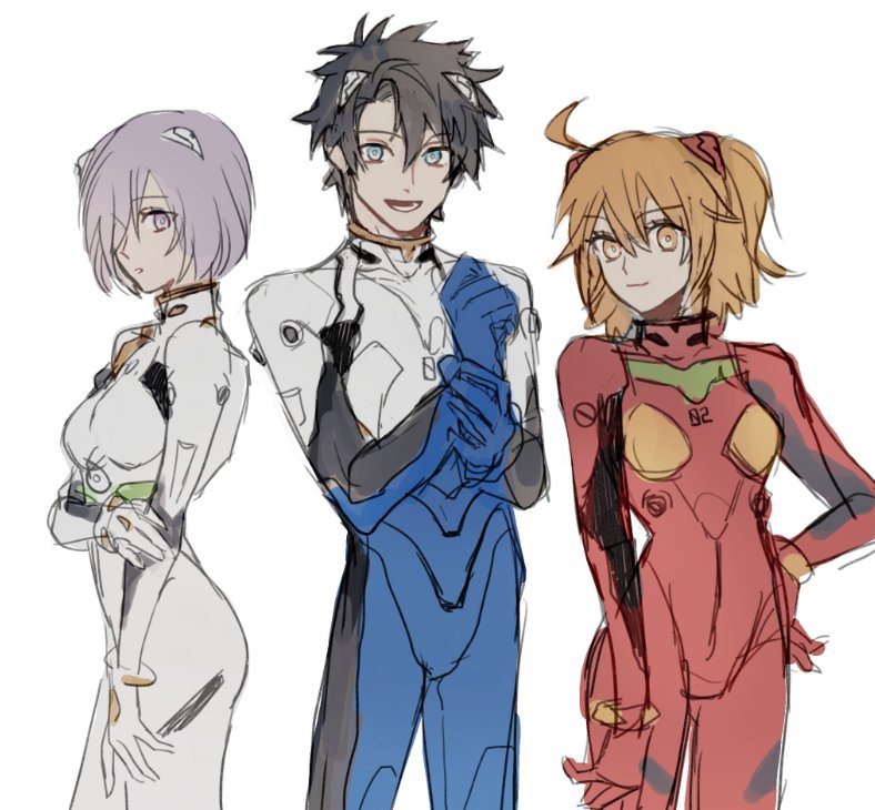 1boy 2girls ayanami_rei ayanami_rei_(cosplay) black_hair blue_eyes conohi_(snvcenni) cosplay cowboy_shot fate/grand_order fate_(series) fujimaru_ritsuka_(female) fujimaru_ritsuka_(male) hair_over_one_eye ikari_shinji ikari_shinji_(cosplay) multiple_girls neon_genesis_evangelion orange_hair plugsuit purple_hair shielder_(fate/grand_order) short_hair smile souryuu_asuka_langley souryuu_asuka_langley_(cosplay) violet_eyes yellow_eyes