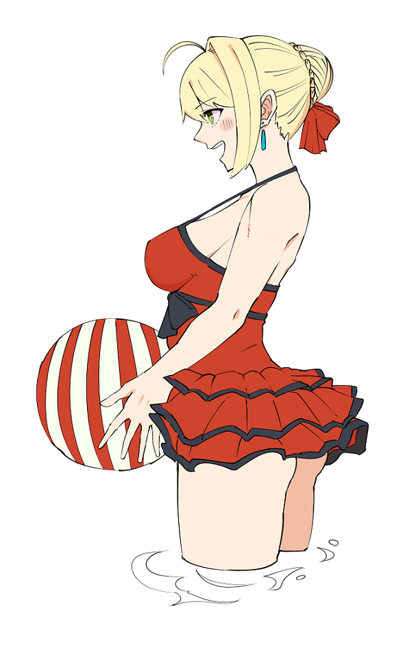 1girl :d ball bangs beachball blonde_hair bow braid breasts earrings eyebrows_visible_through_hair fate/extra fate_(series) flat_color french_braid from_side green_eyes hair_bow hair_bun hair_intakes jewelry large_breasts michihasu one-piece_swimsuit open_mouth profile red_bow saber_extra sideboob sidelocks simple_background smile solo swimsuit thighs wading white_background