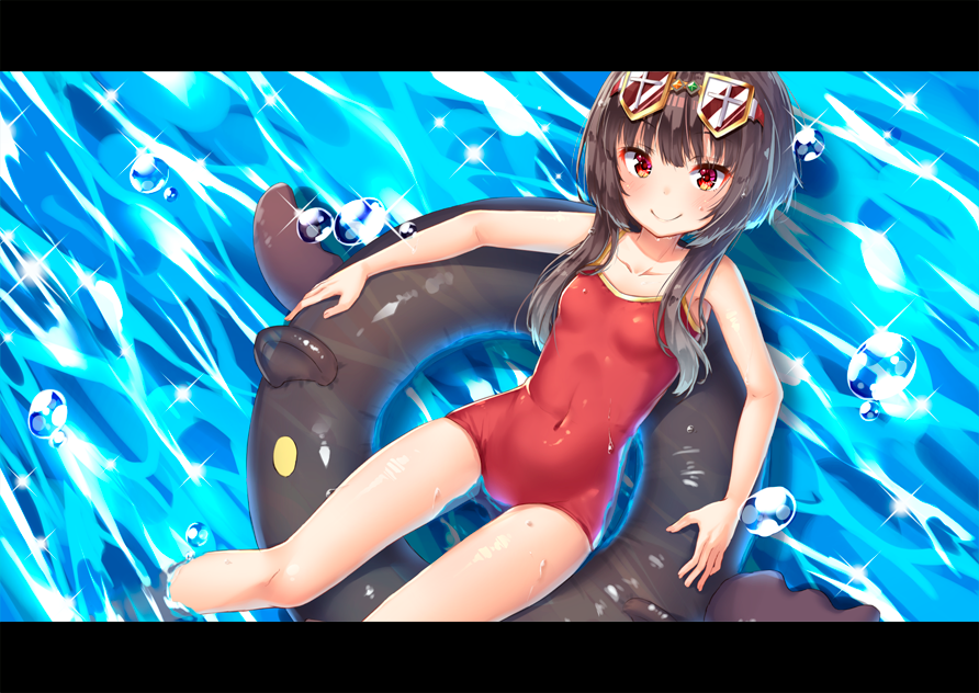 1girl blush breasts brown_hair closed_mouth collarbone commentary_request covered_navel from_above innertube kono_subarashii_sekai_ni_shukufuku_wo! letterboxed looking_at_viewer megumin one-piece_swimsuit pensuke red_eyes short_hair_with_long_locks sitting small_breasts smile solo sparkle sunglasses sunglasses_on_head swimsuit water water_drop wet